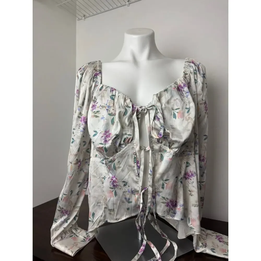 Floral Print Tie Front Blouse with Long Sleeves, Ivory 2X